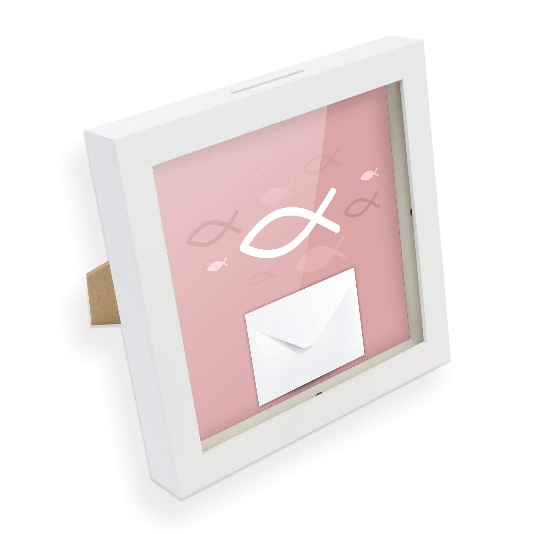 itenga - Salvadanaio a forma di pesce in rosa e bianco, adatto per comunione, cresima, battesimo, buono, cornice da riempire, confezione regalo, con inserto e busta per decorare