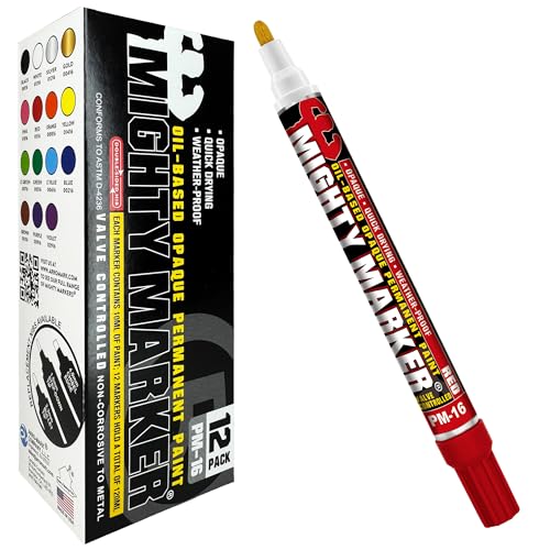 Mighty Marker PM-16 Paint Marker Oil Based Permanent Quick Drying 2.3mm Bullet Tip Industrial Paint Pen for Contractors and Welders Red 12 Box