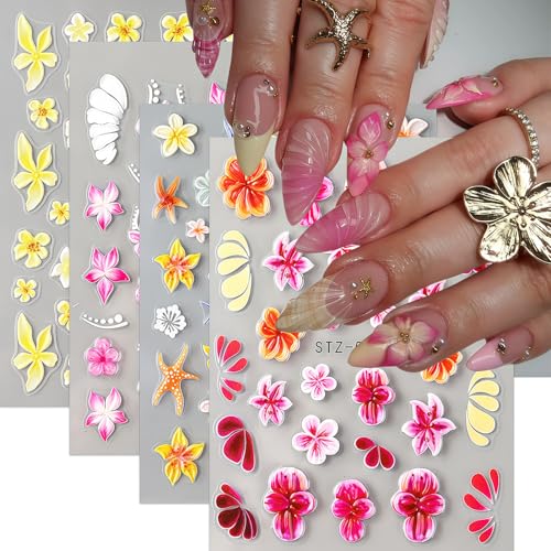 Summer Nail Stickers 5D Embossed Cute Flower Pattern Ocean Colorful Starfish Self-Adhesive Design Nail Art Stickers Beach Nail Decals for Women Festival Vacation Manicure Kit DIY Decoration