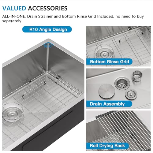 Image of 30 Undermount Kitchen Sink - Fulorni 30 inchx18 inch Kitchen Sink Under Counter 16 Gauge T304 Stainless Steel Round Corner Handmade Single Bowl Basin
