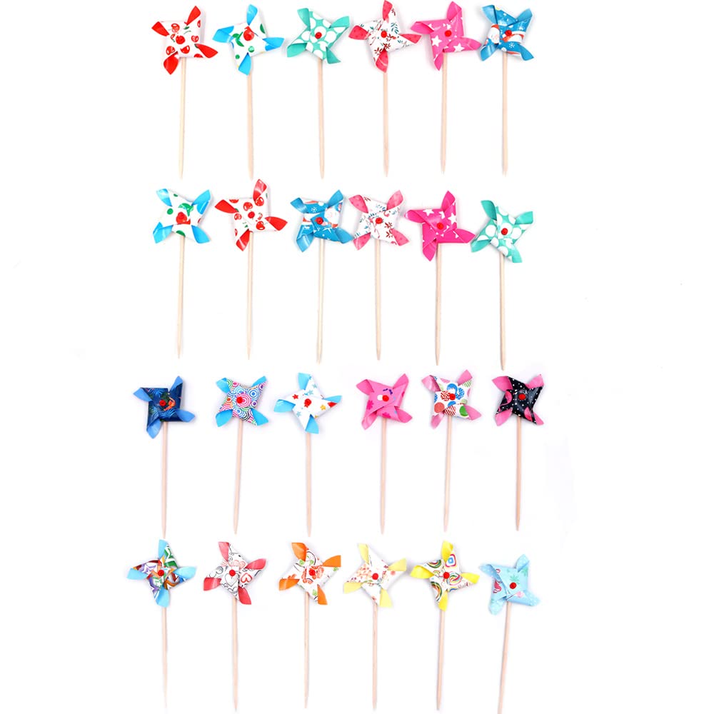 Wangcl 24Pcs Mini Windmill Cupcake Picks Cake Toppers Wedding Shower Party Cake Baking Decorations (Random Colors)
