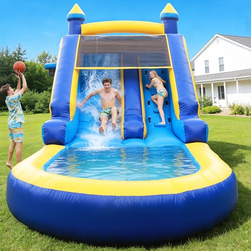 HXDOGSP Inflatable Water Slide Commercial Grade: Water Bounce House for Adults and Teenagers - Big Pool, Premium PVC, Wet & Dry, Blower Included - for Backyard Outdoor Birthday Party, Castle Style