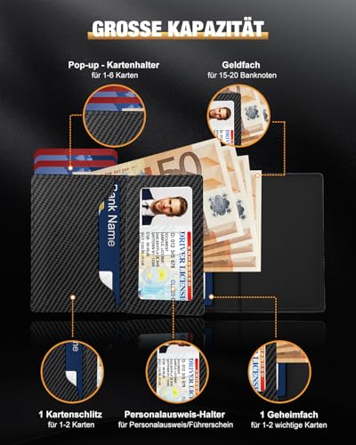 dwnkove Kartenetui Herren, Slim Wallet mit Münzfach & RFID Schutz & ID-Fenster, Pop-Up Smart Wallets for Men, Leder Portmonee Geldbeutel kartenetui für Karten, Kreditkartenetui Herren, Carbon Design
