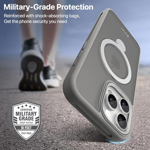 Image of eller sante Maximus Back Cover Case for iPhone 16 Pro Max with Magnetic Alloy Ring Metal Kickstand Camera Protector TPU Shockproof 10ft Drop Protection Compatible with Mag-Safe- Grey