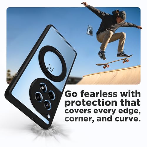 Image of RIGGEAR Shockproof Sleek Hybrid Armor 360 Rotating Magnetic Ring Stand Back Cover Case Compatible with MagSafe Accessories for OnePlus 12R (Clear PC + Black TPU Bumper)