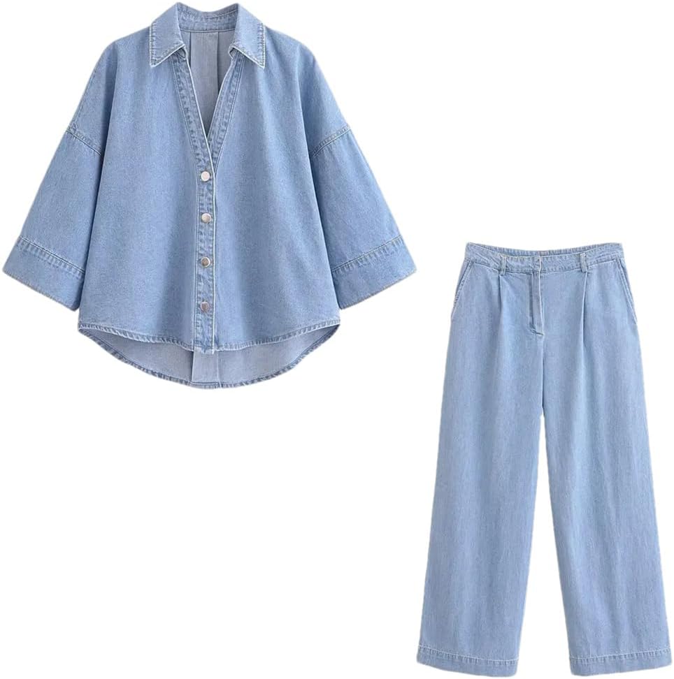Womens Long Sleeve Denim Shirt And Wide Leg Pants Set Single Breasted Lapel Casual Outfit