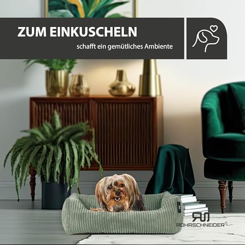 Rohrschneider Hundebett | für kleine Hunde | mit Hundekissen Cord | waschbarer Bezug | inkl. Futternapf (Salbei, 55 x 42 cm)