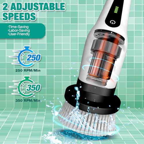 Image of Electric Spin Scrubber - 25W Dual Speed Cordless Cleaning Brush with 8 Replaceable Brush for Cleaning Bathroom, Tub, Tile, Floor, Kitchen, Window, Car
