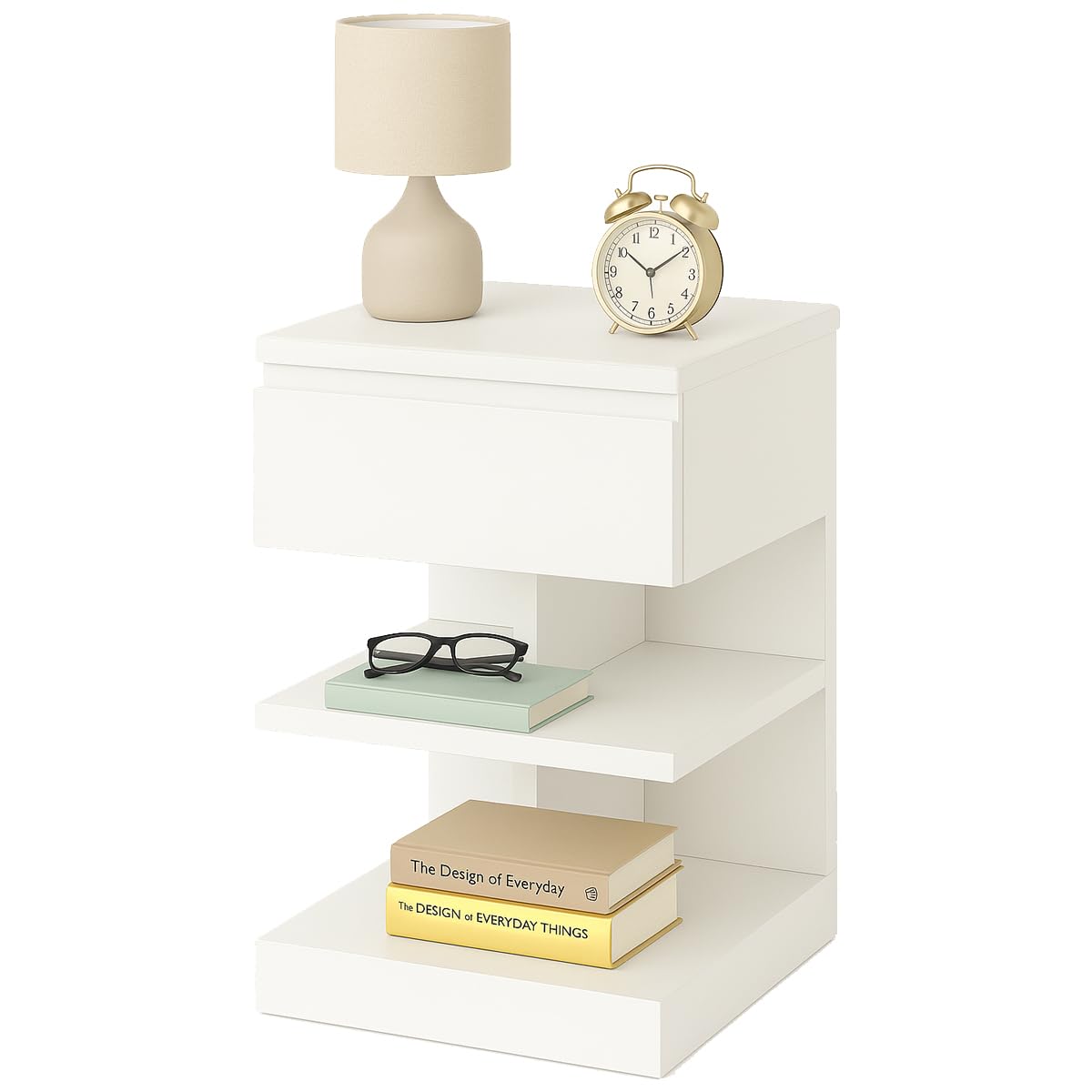 BAKAJI Modern Design Bedside Table with 1 Drawer and 2 Open Shelves, Slim Sturdy White Cabinet, Space-Saving Ideal for Bedroom, Living Room, Cabinet Dimensions 39 x 39 x 65 cm