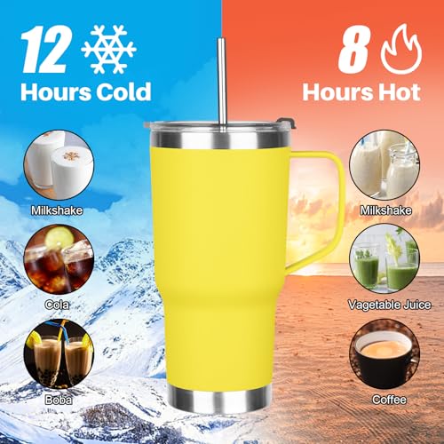 Image of 20 oz Tumbler with Handle, Stainless Steel Insulated Tumbler with Lid and Straw, Double Wall Vacuum Coffee Mug Tumbler, Insulated Coffee Thermal Cup for Cold and Hot (Yellow, 20 Ounces)