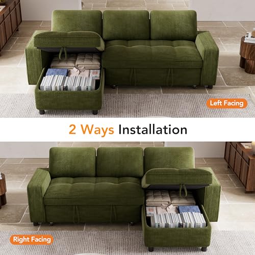 Image of Vipbear 81 inch Sectional Sleeper Sofa Bed with Pull Out Bed, L Shaped Couch Sleeper Sofa, Pull Out Couch with Reclining Backrest, Reversible Storage Chaise, USB Ports, Tool-Free Assembly, Green, Chenille