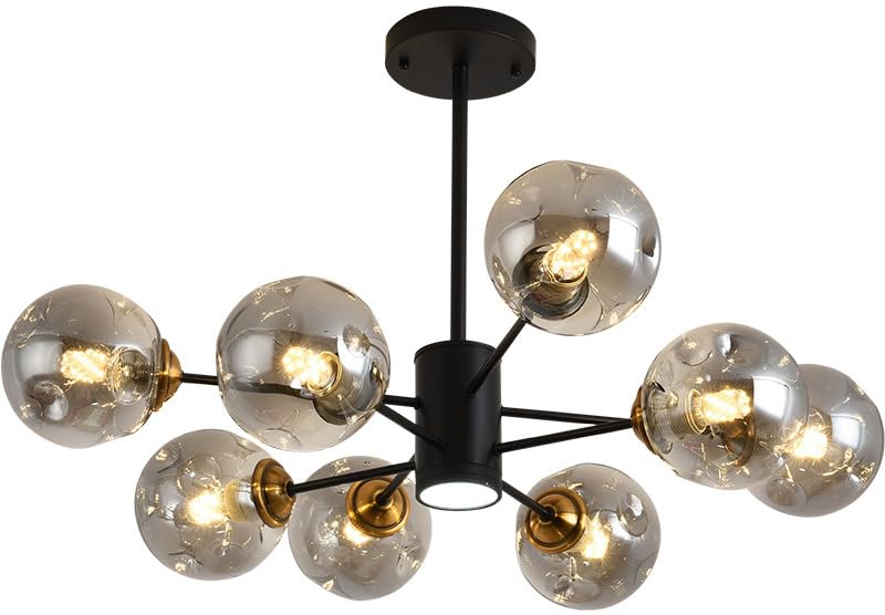 Plafonnier Sputnik en verre ambré et noir à 8 lumières pour salle à manger