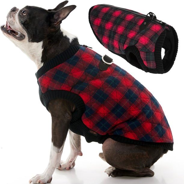 Image of Gooby Fashion Vest Check Dog Jacket, Red Check, X-Small | Checkered quilted bomber, water-resistant; Stretch knit bottom; Dual D-ring leash; Pain-free zipper guard