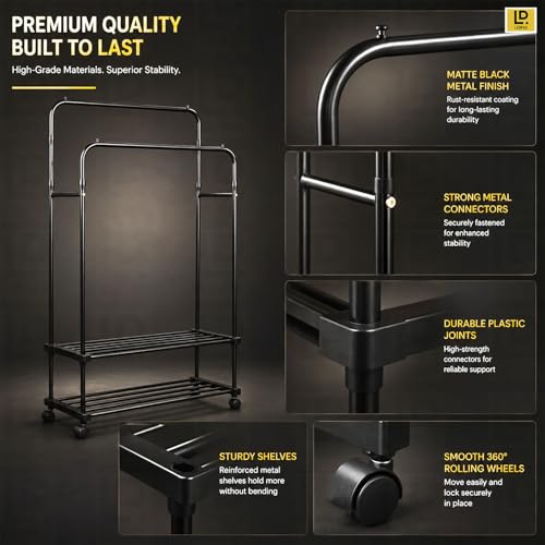 Image of LEOPAX Premium Double Pole Clothes Rail for Hanging Clothes, Heavy Duty Garment Rack with Bottom Shelves, Clothes Rack with Wheels for Dresses, Coats, Shirts - Black - 84 x 30 x 151cm