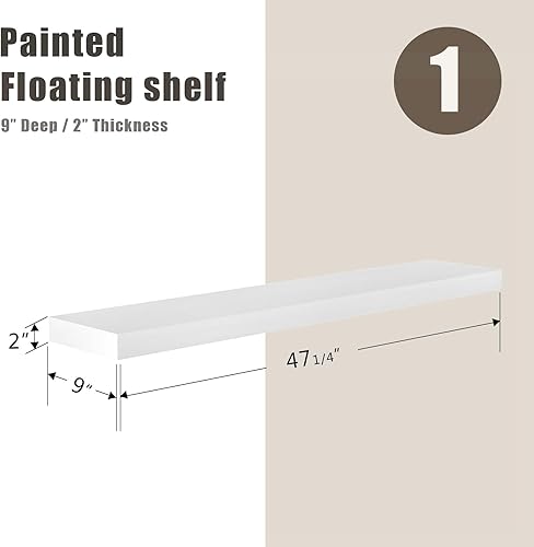 Miniatura 3 de WELLAND Estante flotante blanco de 48 pulgadas, estante de pared de 9 pulgadas de profundidad con soporte invisible para sala de estar, dormitorio,