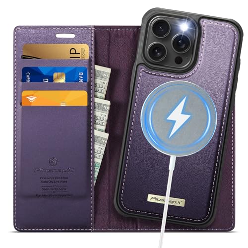 Image of Wallet Case for iPhone 13 Pro Max Compatible with Magsafe, 2-in-1 PU Leather Flip RFID Blocking Card Holder Stand Shockproof Magnetic Detachable Cover for iPhone 13 Pro Max, Fashion Purple