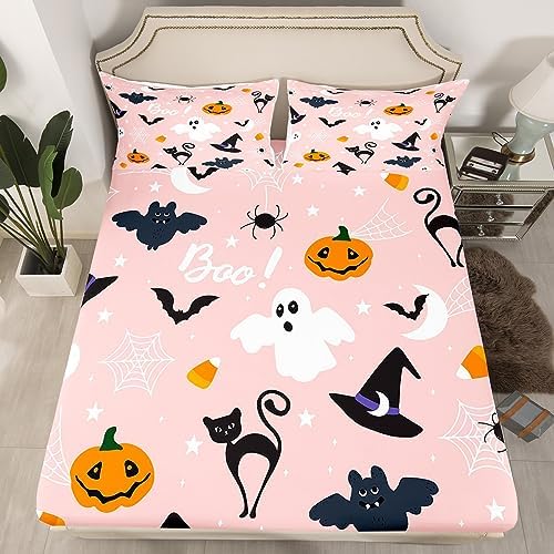Erosebridal Gothic Spooky Bedding Set Pumpkin Lantern Cute Halloween Bed Sheets for Kids Boys Teens,Ghost Spiderwebs Fitted Sheet Black Cat Cobwebs Bats Halloween Decoration Twin Size Pink