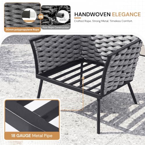 Image of DEVOKO 6-Seater Outdoor Rope Conversation Set with Wooden Top Table Water-Resistant Cushions, Strong Metal Frame High Weight Capacity Furniture for Garden, Terrace, Backyard(Blackish Grey & Grey)