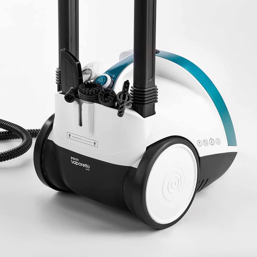 Polti Vaporetto Smart 100_T Steam Cleaner, nieograniczona autonomia, 4 barowa myjka wysokociśnieniowa, zabija 99,99% wirusów, zarazków i bakterii, 9 akcesoriów, biały/turkusowy