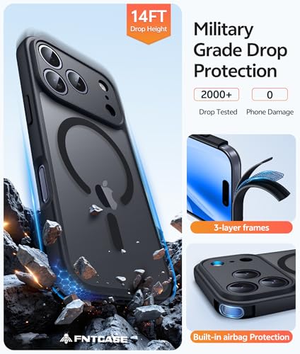 Image of FNTCASE for iPhone 17 Pro Max Case: [Compatible with Magsafe] Translucent Matte Cases with [Full Camera Protection] [Screen Protector] Military Grade Shockproof Protective Phone Cover - Black