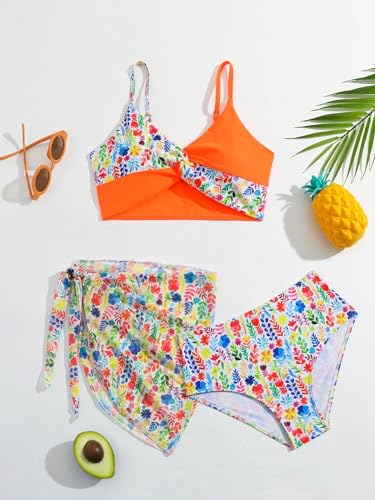 Image of Milumia Girl's 3 Piece Bikini Set Floral Print Swimwear Bathing Suit with Coverups