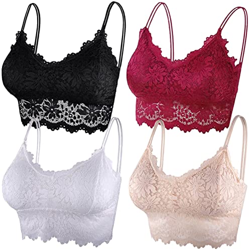 4 Stück Spitze BH V-Ausschnitt Basic Wohlfühl BH Sport BH Ohne Buegel Gepolstert Nahtlose Bralette Freizeit Schlaf Sport Crop Top Büstier mit Elastischen Trägern für Damen Mädchen Cover