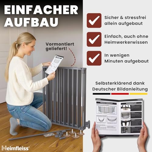 Heimfleiss® Kaminschutzgitter Baby mit Sicherheitsverschluss | Ofenschutzgitter für Kinder & Hunde | Ofengitter Kinderschutz aus Stahl | Universal nutzbar als Kamin-, Tür- & Treppenschutzgitter (Grau)