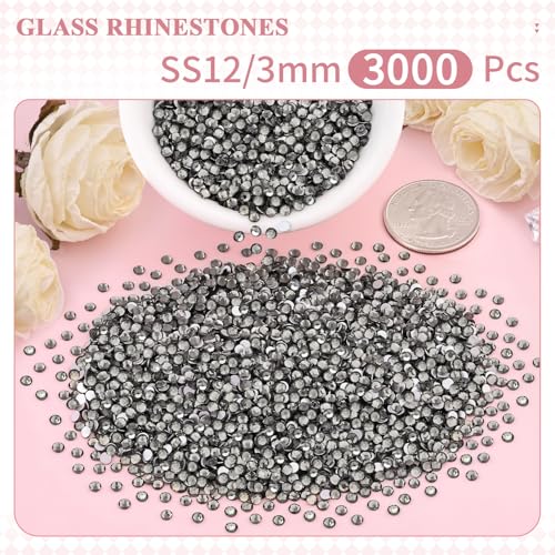 Image of 3000PCS SS12 /3mm Crystal Glass Rhinestones for Bedazzling (Black Diamond) | Flatback Rhinestones for Crafting DIY Nail Art Makeup Decoration, Gems Diomand Charms for Tumbler Shoes Clothing Mug