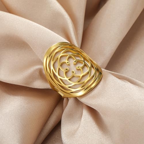 TEAMER Adjustable Filigree Flower Ring Stainless Steel Elegant Flower Open Ring Wedding Band Ring for Women4