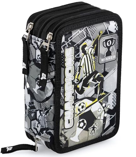 Julian Ross Plumier Triple Escolar 45 Piezas – Fútbol Champions – con Bolígrafos Borrables, Tijeras, Pegamento – Blanco y Negro – para Niños – Regalo o Colegio