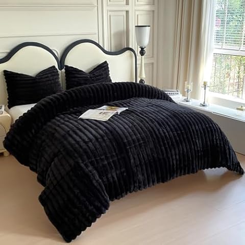 chovy Faux Rabbit Striped Plush Black Fur Comforter Sets Queen - Ultra Soft Shaggy Flannel Velvet Fluffy Fuzzy 3PC Bedding Set （Comforter x 1 Pillowcases x 2） Cover