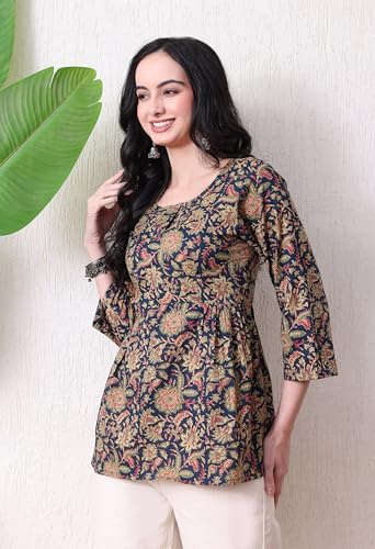 Image of MEERA FAB Women's Floral Printed Cotton Short Kurta | Floral Printed Kurta with Quarter Sleeves | Short Kurti for Women