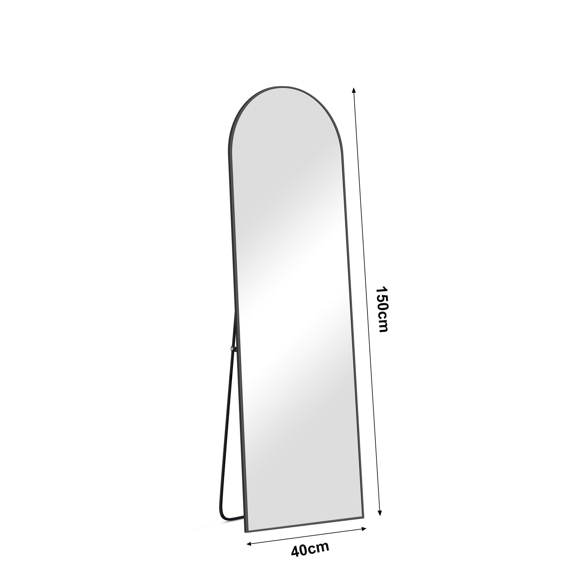Miroir sur Pied 150 x 40 cm, Grand Miroir Mural en Pleine Longueur avec Cadre en Aluminium Noir, Miroir Arqué pour Salle de Bain, Chambre, Entrée et Couloir