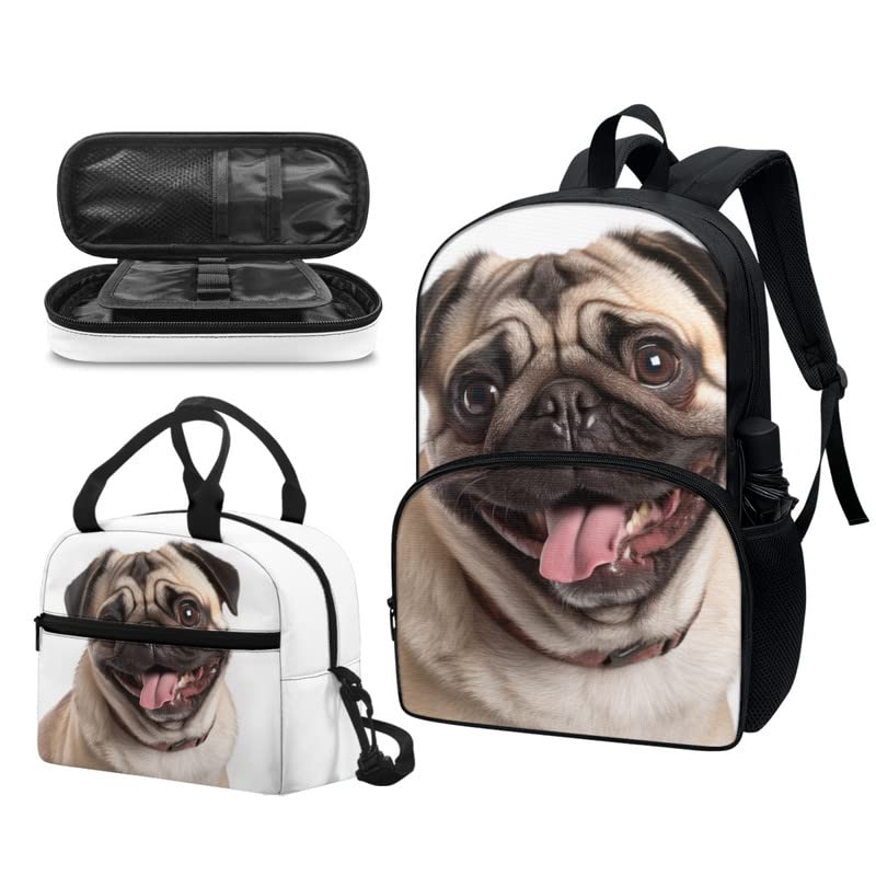 Pug Dog 17in School Backpack Set 3 Pieces Lightweight Teen Bookbags 3D Pattern Big Eyes Puppy Dog School Bag with Pencil Case & Lunch Pack Full Set Daypack