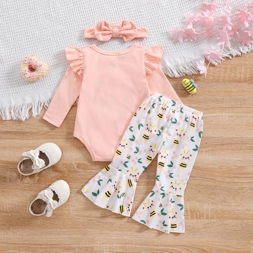 Newborn Infant Baby Girl Outfits Ruffle Bear Long Sleeve Romper Bodysuit Tops Flared Pants Set Bell Bottom Clothes3