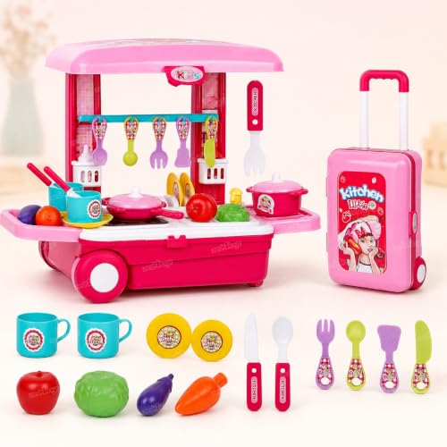 Image of Zest 4 Toyz Kitchen Set for Kids Girls Big Cooking Set Light Sound Toys Portable Trolley Pretend Play Toys Battery Operated (Pink) Made in India