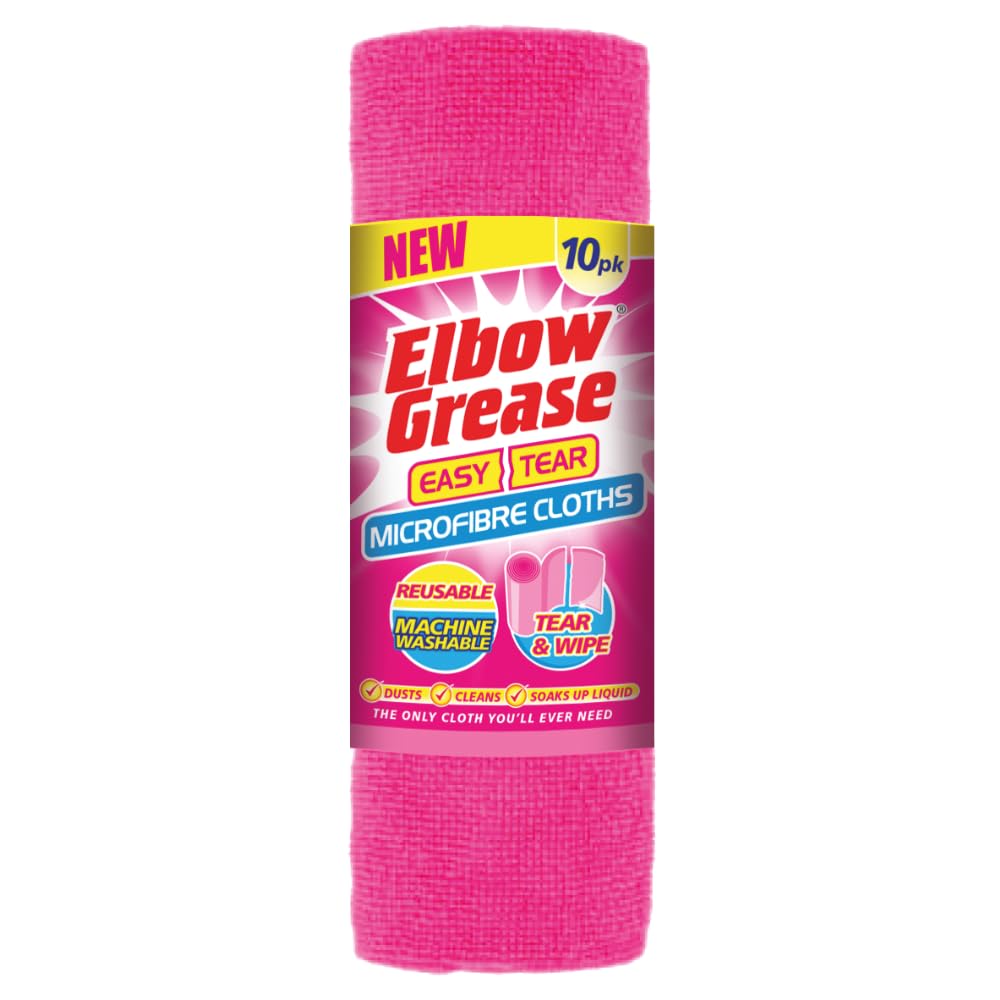 Elbow Grease Easy Tear Microfibre Cleaning Cloths | Reusable & Machine Washable | Dusts, Cleans, Soaks Up Liquid - Tear & Wipe 30cm x 24cm (Pink, 10 Pack)