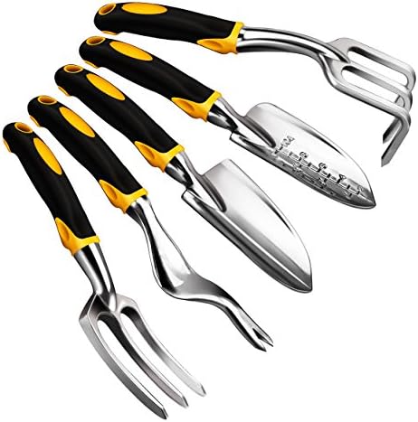 Anpress 5 Piece Gardening Tools Set Including Trowel, Transplanter, Cultivator, Weeder, Weeding Fork, Garden Tools with Heavy Duty Cast-Aluminum Heads & Ergonomic Handles