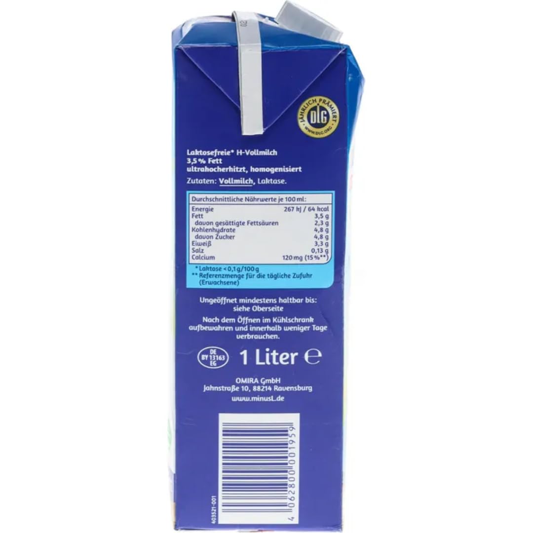 MinusL Milch Laktosefreie H-Milch 3,5% Fett Haltbare Milch, je 1 Liter, 20 Stück+ pufai