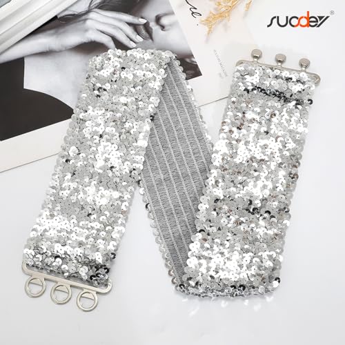 SUOSDEY Sequin Elastic Wide Belts for Women Sparkly Glitter Stretch Disco Belt for Dresses 70s 80s Costume Party2