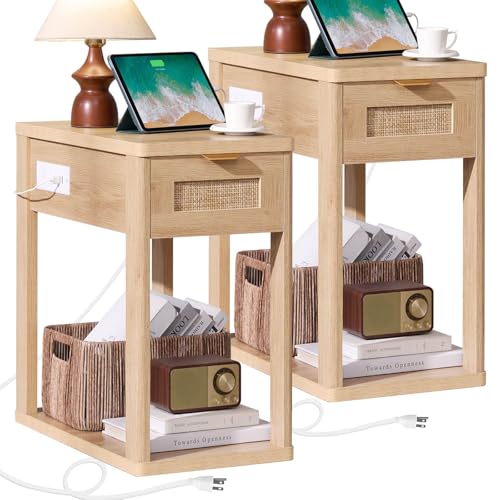 LEYAOYAO Narrow Side Table Set of 2, 24'' Night Stand with Charging Station, Rattan Nightstand with Drawer Storage, Bedside End Table with Small Spaces, Wood Boho Nightstand for Living Room