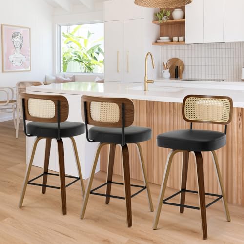 Bekrvio Swivel Counter Height Bar Stools Set of 3, Upholstered Faux Leather Barstools with Rattan Back, 26