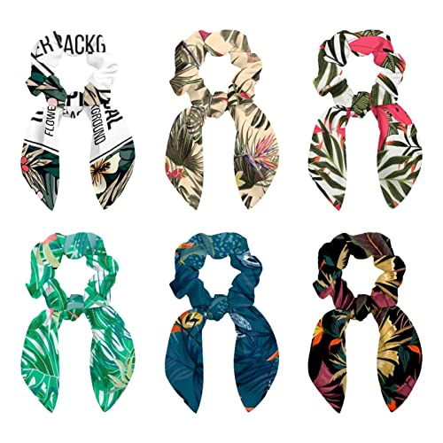 6 Pcs Hair Scrunchies - Tropical Flower in Palm Leaves Hair Scarf Scrunchy with Ribbon Bow, Elastic Hair Ties Ponytail Holders for Women Teenage Girls