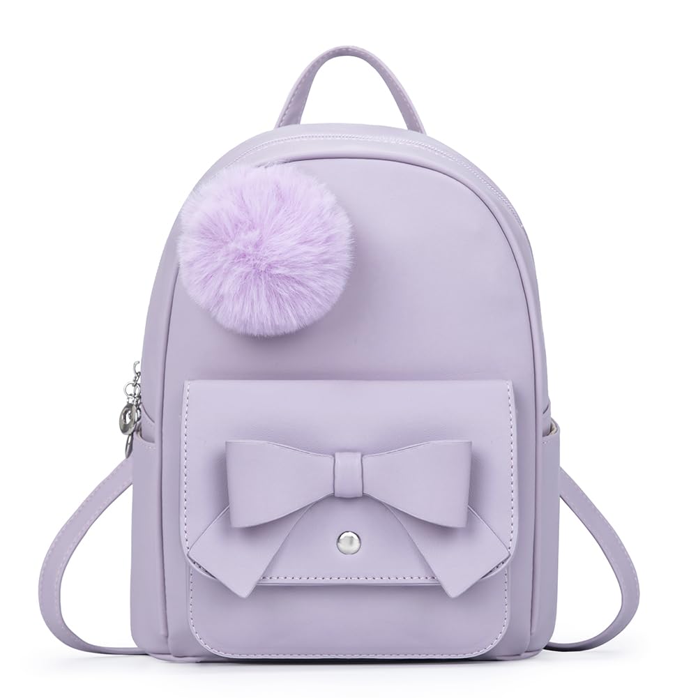 YiXiamo Girls Bowknot Cute Mini Backpack Purse for Women Teenage PU Leather Pompom Backpack Shoulder Bag (Purple)