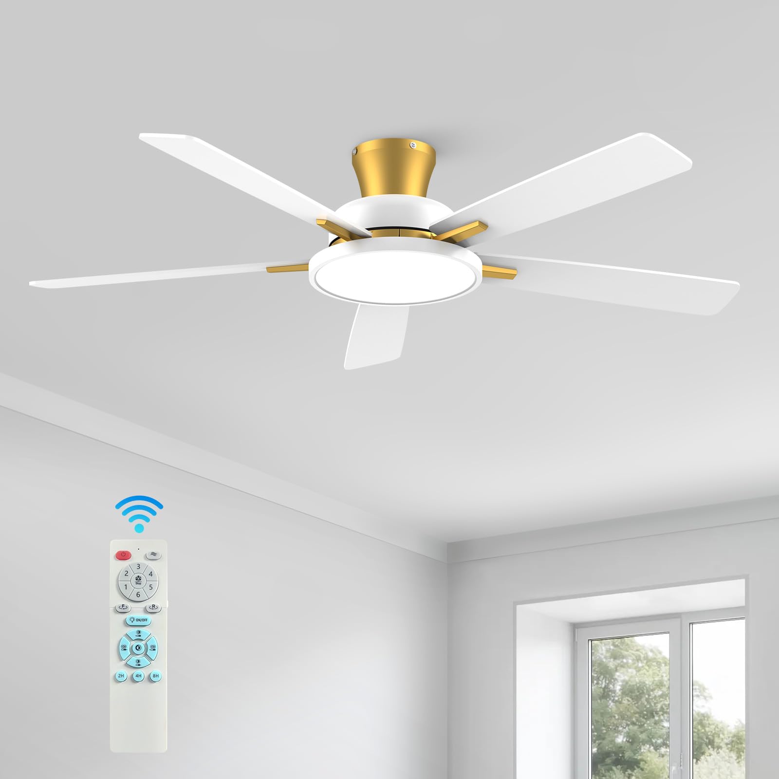TALOYA 52 inch Ceiling Fans with Lights and Remote, Low Profile, White Gold | Bright Light, Ultra Quiet, Reversible DC Motor, Dimmable, 3CCT, Timer Flush Mount Ceiling Fan for Bedroom Living Room Indo