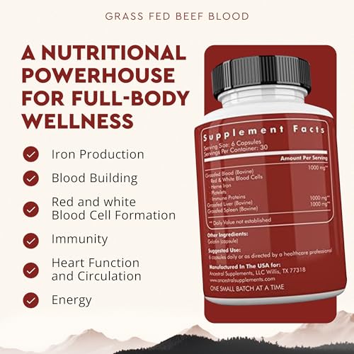 Ancestral Supplements Grass Fed Blood is Blood, Liver & Spleen Formula, 500mg, Grass Fed Beef Supplement, Red & White Blood Cell Formation, Immune and Heart Health Support, Non GMO, 180 Capsules