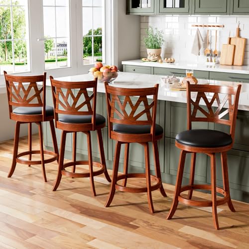 Buytime Swivel Barstools Set of 4, Farmhouse 24" Counter Height Bar Stools with Backs, Lotus Pattern Carved Bar Chair with Solid Wood Legs & Footrest for Kitchen Island, Home Bar, Pub. Brown
