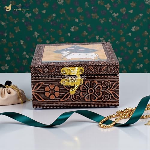 Image of Handcrafted Wooden Jewellery Storage Box with Lock (4 x 4 in) | Copper finish Oxidized Pichwai Cow Design | Decorative Organizer for Earrings Rings Bangles | Wedding Festive Gifting | Yellow