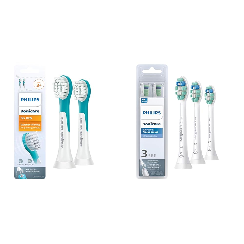 Philips Sonicare for Kids 3+ Genuine Replacement Toothbrush Heads, 2 Brush Heads, Turquoise and White, Compact, HX6032/94 & Genuine C2 Optimal Plaque Control Toothbrush Heads, 3 Brush Heads, White
