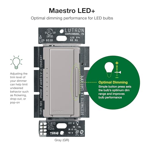 Lutron Maestro LED+ Dimmer Switch for Dimmable LED, Halogen and Incandescent Bulbs, 150W/Single-Pole or Multi-Location, MACL-153M-GR, Gray by Lutron - Image 2